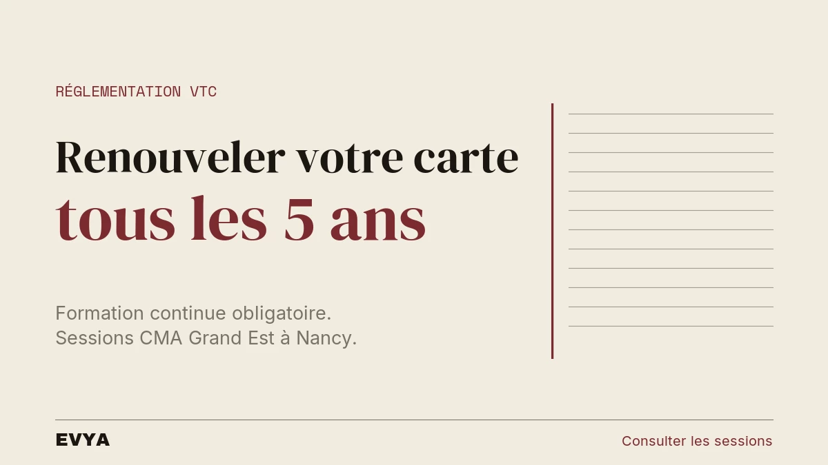 Grey and black editorial poster: mandatory VTC card renewal every 5 years, CMA Grand Est Nancy training