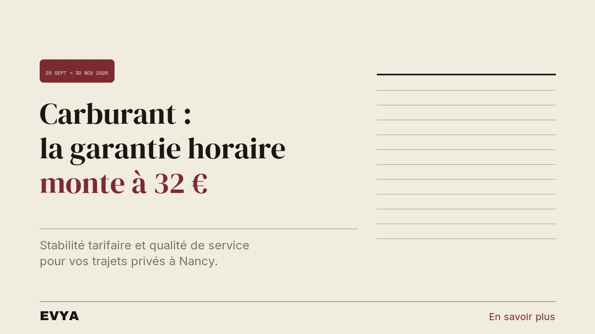 Brève presse EVYA : revalorisation garantie horaire VTC Nancy octobre 2026, impact hausse carburant
