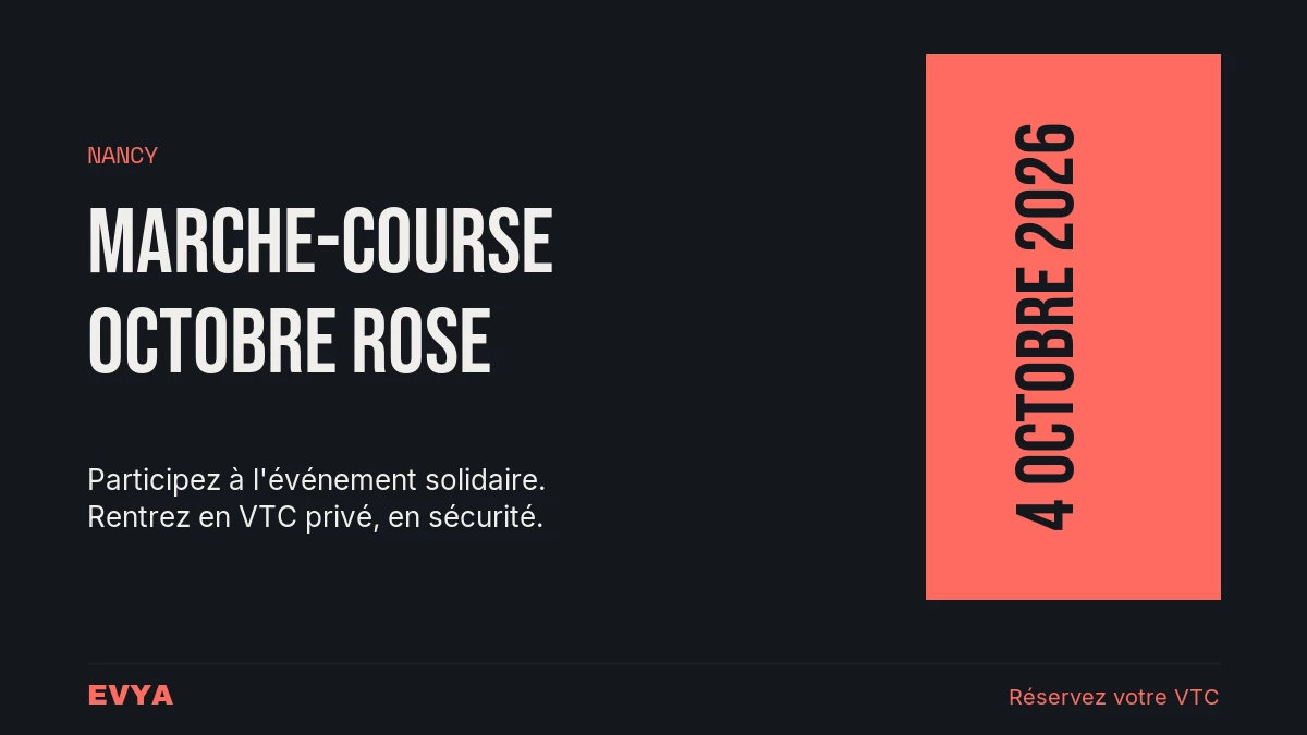 Affiche Marche-Course Octobre Rose Nancy 4 octobre 2026 - VTC privé EVYA pour votre retour sécurisé