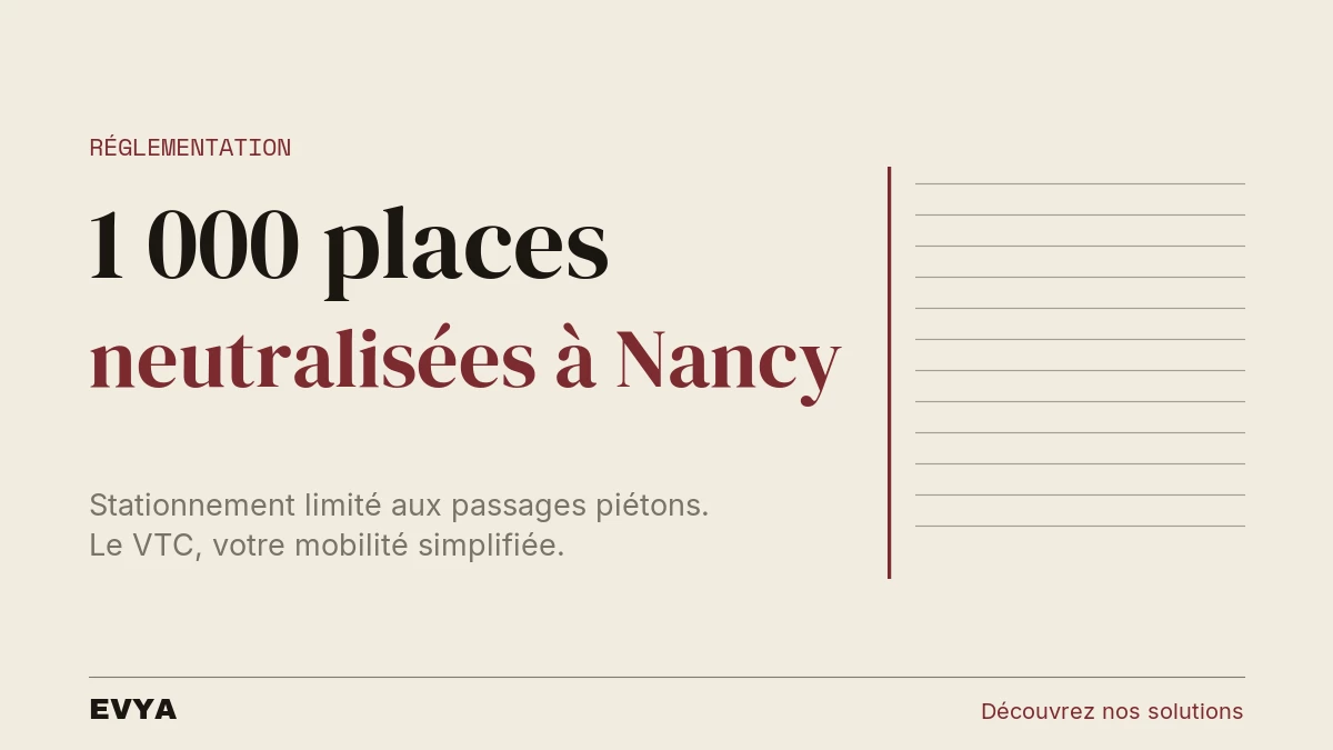 Editorial infographic: Neutralization of 1000 parking spaces in Nancy by 2026. EVYA VTC, mobility alternative.