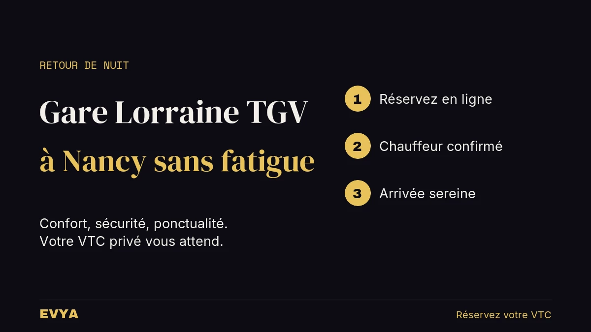 Informative visual to book a private EVYA VTC for an overnight return from the Lorraine TGV station in Nancy, with a sober gold night palette and pr...