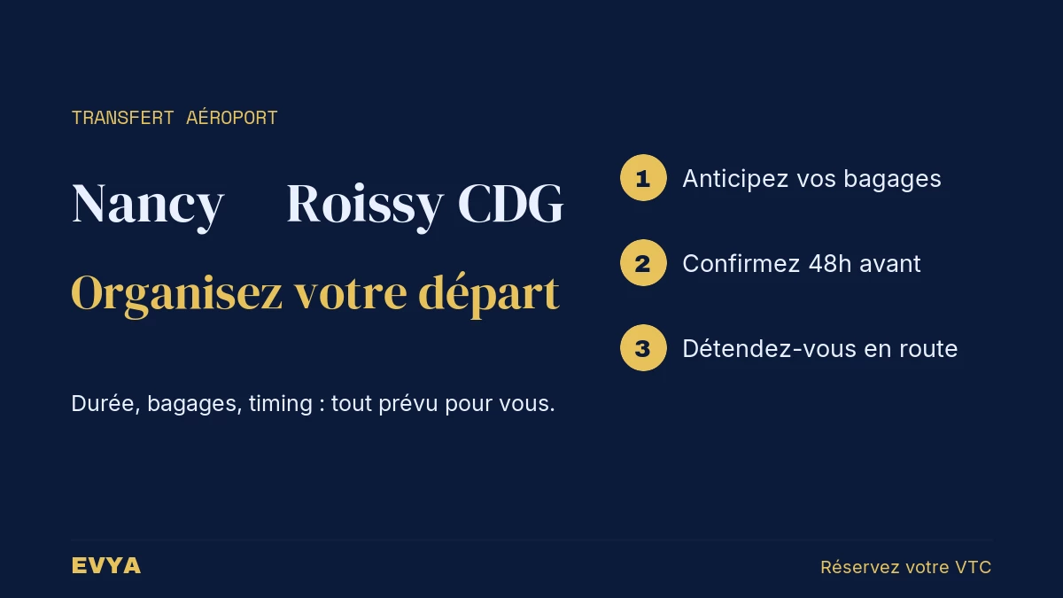 Visual guide to organize your Nancy VTC transfer to Paris-Roissy CDG with EVYA: practical baggage tips and timing.