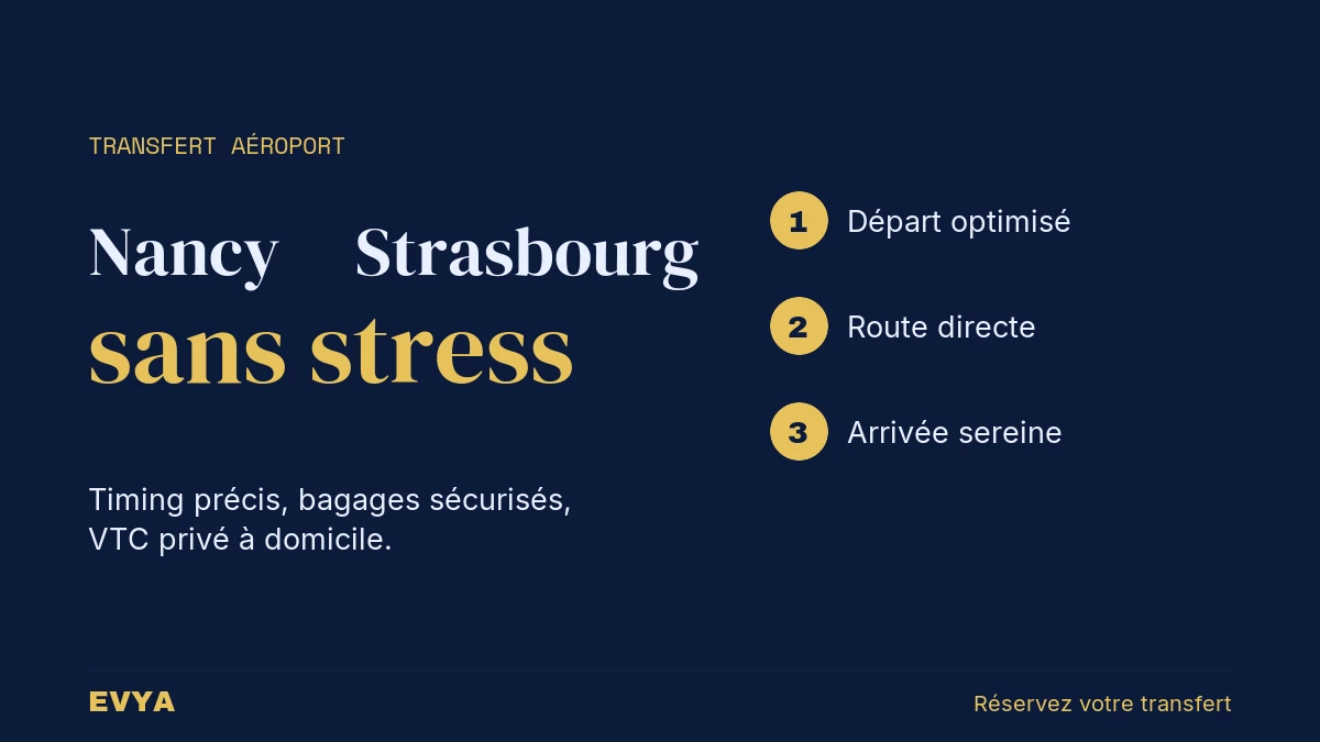 Visuel guide transfert aéroport Strasbourg depuis Nancy avec VTC privé EVYA : timing, bagages, réservation sans stress
