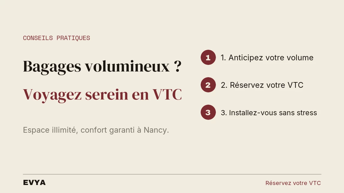 Visuel conseil VTC Nancy : voyager avec bagages volumineux, 3 étapes pratiques pour un transport serein avec EVYA